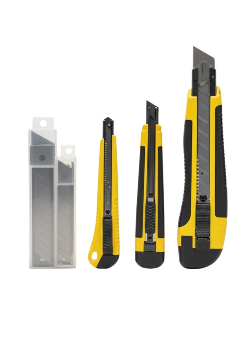 Lukadah 5-Piece Heavy Duty Utility Knife Set with Snap-Off Blades, 3 Box Cutters + 2 Spare Blade Cases, Sharp Retractable Box Cutters with Non-Slip Rubber Handle, Ergonomic Grip & Quick-Release Design, Multiple Sizes for Cutting Cardboard, Carpet & warehouse or packing area, Plastic, Home, DIY, office or craft setup, and Professional Use - Image 1